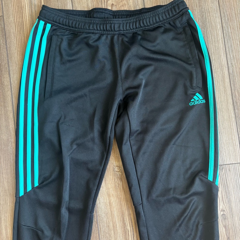 Adidas Women’s Tapered Black Track & Soccer Sweatpants with Blue Stripes Size M - Picture 3 of 7